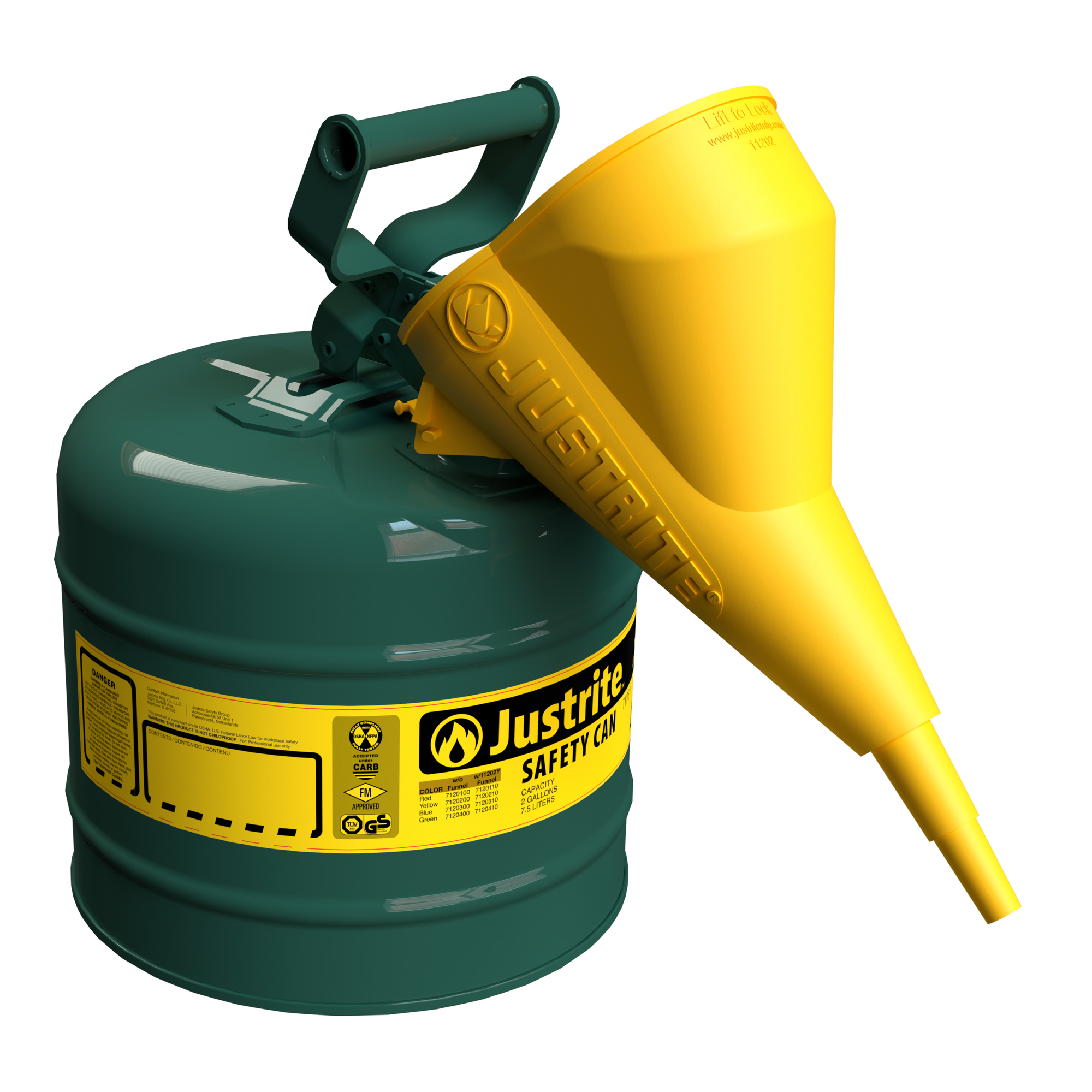 Justrite Steel Safety Can for Oil — 2 Gallons, Type I, Funnel, Flame Arrester, Green, Model# 7120410